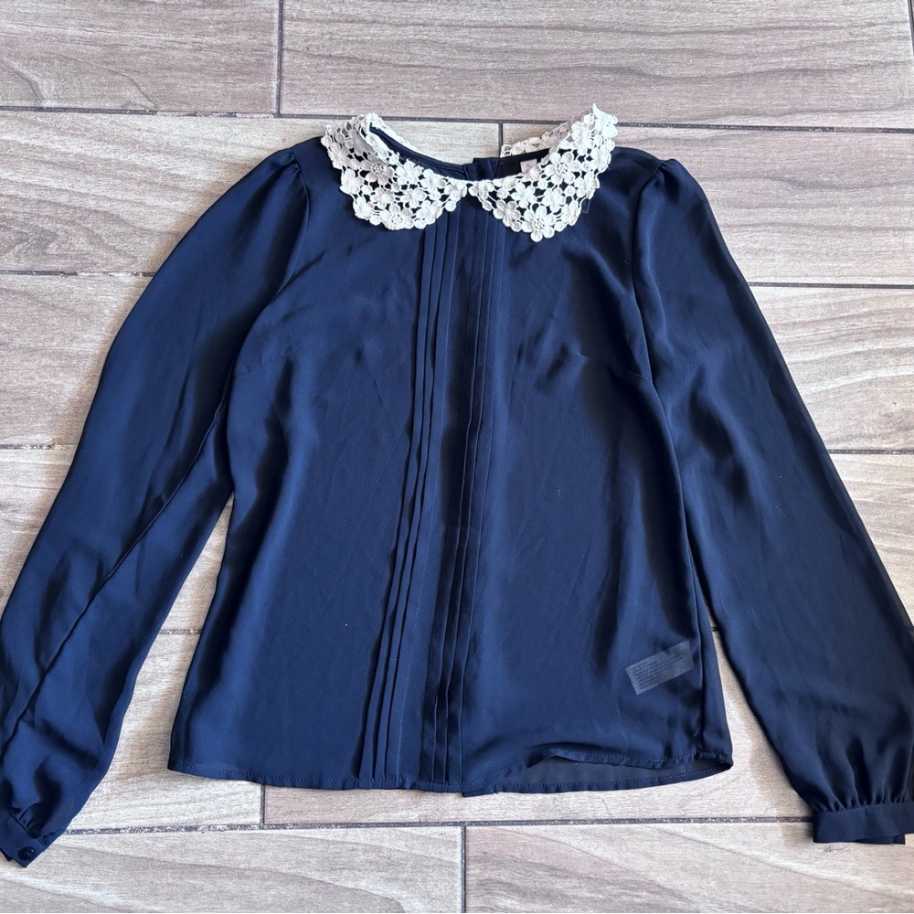 Xhilaration Sheer Navy Blouse with White Lace Collar